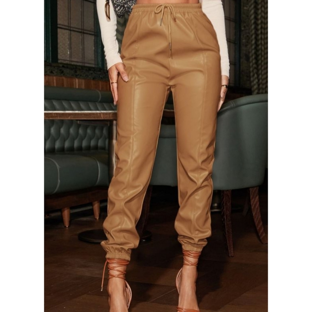 SHEIN vegan faux leather joggers jogger pants carmel brown S 4